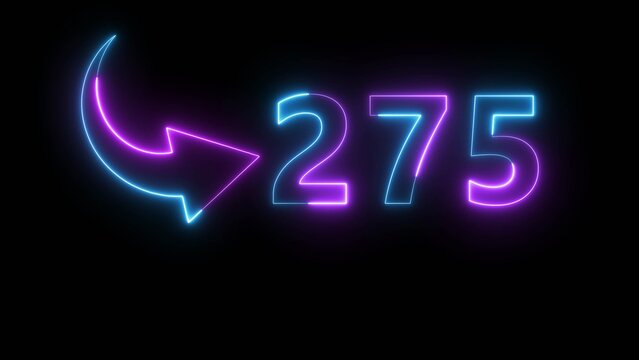 Neon business counting number illustration. Neon 275 number. Neon number with arrow icon. 