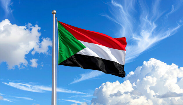 Sudan's vibrant flag waving proudly against a sunny blue sky, perfect for showcasing national pride, cultural events, or global affairs with impactful imagery