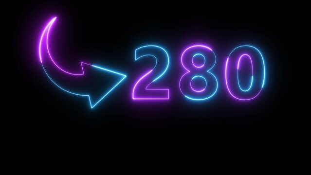 Neon business counting number illustration. Neon 280 number. Neon number with arrow icon. 