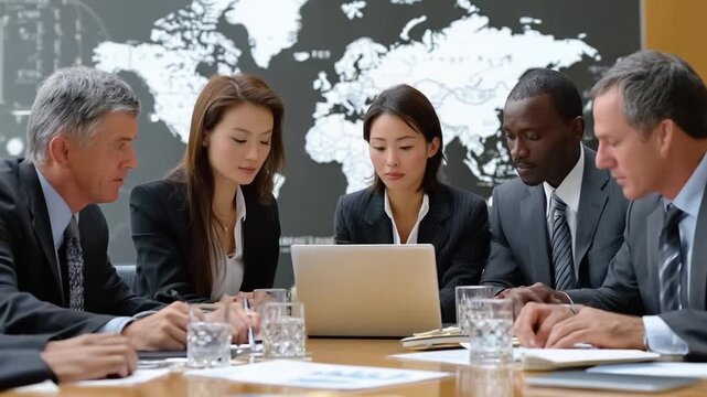 Strategic Alignment: A focused business meeting unfolds, as a diverse group of professionals gathers around a laptop, the world map silently overseeing their critical decisions and future plans.