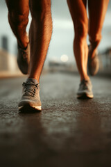 Close-up of two runners' legs and shoes on an asphalt road with a bright, golden sunrise/sunset in the background. Symbolism: Represents Goal Setting, Perseverance, Fitness, Motivation, and the Start