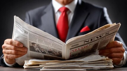 Reading News with Intention: A focused individual, clad in a sharp suit and vibrant tie, deeply absorbed in the current events displayed in the newspaper, presenting a portrait of informed engagement.