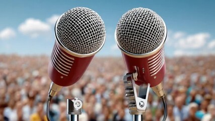 Speaking Up: Two vintage microphones stand poised before a vast crowd, capturing the essence of public speaking, speeches, or a live performance, ready to amplify every word. 