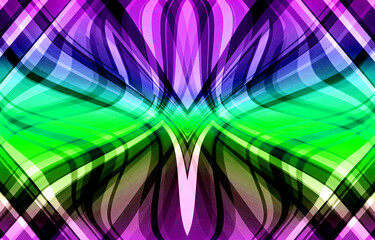 Abstract geometric with layered curves, dynamic symmetry in shades of green, blue, purple and pink