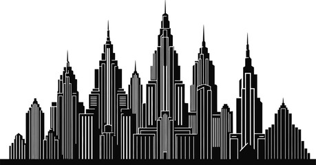 Minimalist art deco city skyline silhouette with geometric towers and stylized edges in black and white © SHEULI