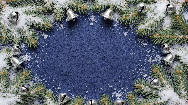 Winter spruce branch frame jingle bells silver composition textured background layout template design overlay use