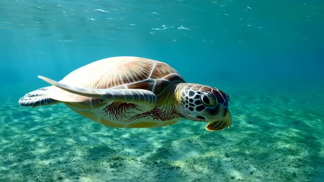 A sea turtle swims underwater, its fins extended