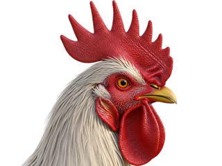 Close-up portrait of a white rooster's head with detailed red comb and wattle, isolated on a black background for graphic design applications