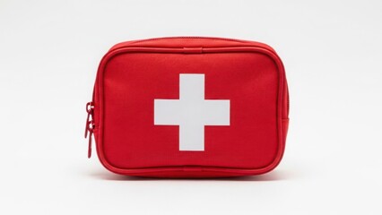Fototapeta premium Essential red first aid kit for emergency health and safety. isolated on white background