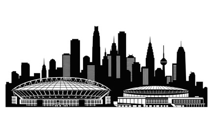 Modern city skyline silhouette featuring a prominent stadium and sports arena surrounded by diverse high rise towers ideal for urban development and event promotion banners