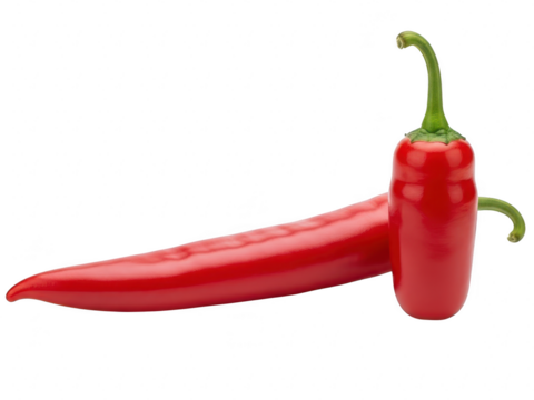 Two vibrant red chili pepper vegetables with green stem, one long and one short, isolated on transparent background