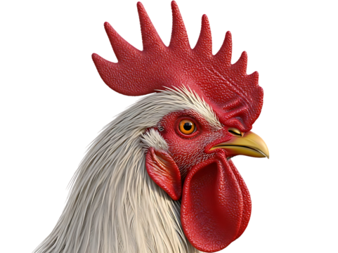 Close-up portrait of a white rooster's head with detailed red comb and wattle, isolated on a black background for graphic design applications