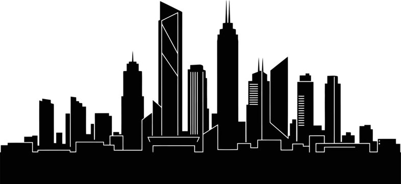 Minimalist modern cityscape silhouette showcasing clean geometric skyscraper and tower shapes presented as a solid black design on a white background