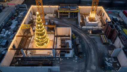 Illuminated Christmas tree on a construction site at night, an aerial view of a building project during the holidays symbolizing new beginnings and urban development.