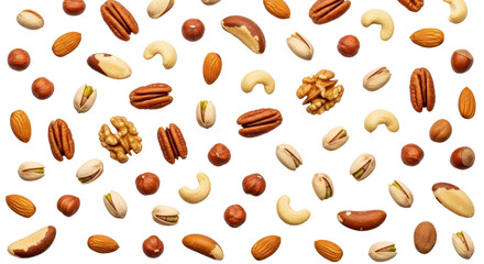 Obraz premium Flat Lay Pattern of Healthy Mixed Nuts: Cashews, Almonds, Walnuts, Pistachios isolated PNG with Transparent Background