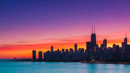 Obraz premium Chicago skyline silhouette against a vibrant purple and orange sunset over lake michigan water