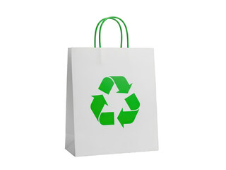 White paper shopping bag with green recycle symbol printed on front, isolated on transparent background