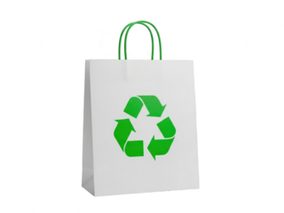 White paper shopping bag with green recycle symbol printed on front, isolated on transparent background