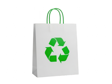 White paper shopping bag with green recycle symbol printed on front, isolated on transparent background