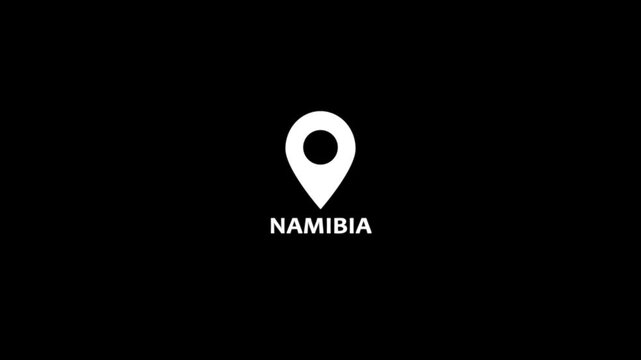 White and black location pin icon with NAMIBIA text animation on black background. This location icon is from namibia. Location pin icon, map marker icon, destination icon.