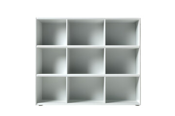 Empty white grid shelf organizer isolated on transparent background
