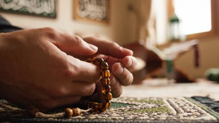 Close-up of a Muslim man's hands holding prayer beads during a religious ceremony