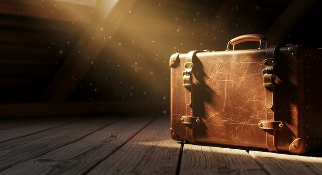 Vintage leather suitcase resting in a dusty attic illuminated by a sunbeam for a forgotten memories concept and nostalgic journey