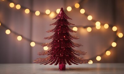 Small, sparkly, crimson Christmas tree against a background of warm lights