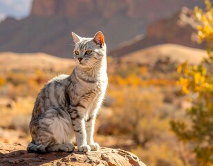 Obraz premium A regal silver tabby cat sitting on a desert rock in a scenic landscape