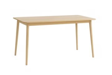 Light wooden dining table with a minimalist design, clean lines, and a smooth top, isolated on a transparent background