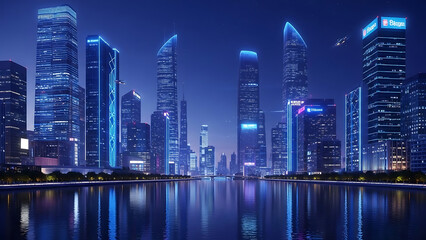 Futuristic cityscape at night with glowing blue skyscrapers reflected in calm water under a dark sky