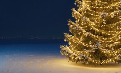 Snowy Christmas tree at night, illuminated by golden lights