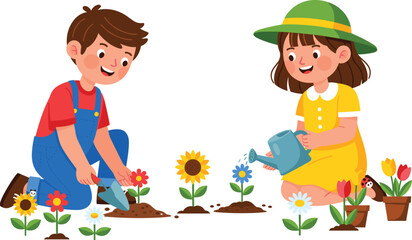 Cartoon children gardening, planting flowers, teamwork, watering plants, nature care, springtime activity, kids outdoors, soil, shovel, watering can, happy scene