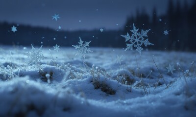 Snowy field at night, snowflakes