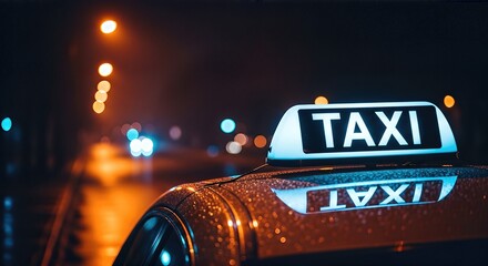 Taxi vehicle illuminated at night, showcasing the glowing taxi sign on the roof, reflecting city lights, creating a vibrant urban atmosphere and capturing the essence of nighttime transportation