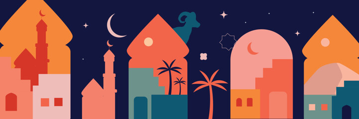 Ramadan kareem color banner. Islamic greeting card for web design. Vector illustration