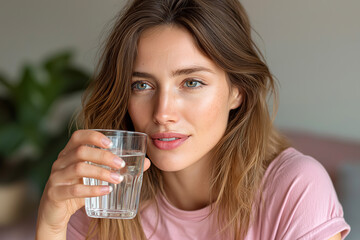 Close-up of a young woman thoughtfully drinking a glass of clear water. Symbolism: Represents Hydration, Health, Wellness, Purity, Cleansing, and Self-Care.