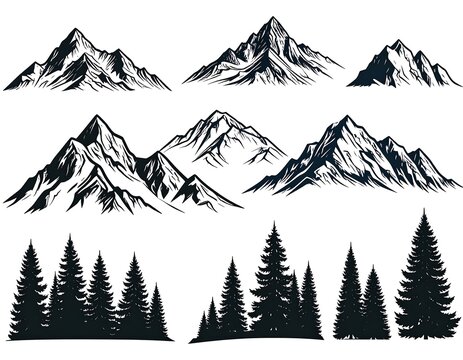 Black and white illustration with various mountain peaks and evergreen tree silhouettes. Outdoor landscape vector art