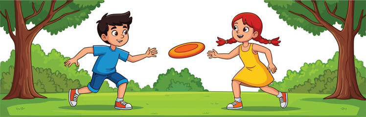 Cartoon children playing frisbee, outdoor fun, park activity, green grass, cheerful scene, active kids, summer play, joyful moment, physical exercise