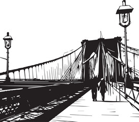 Urban Bridge Silhouette: A captivating black and white depiction of an iconic suspension bridge, showcasing the architectural brilliance. Two individuals stroll leisurely across its span.