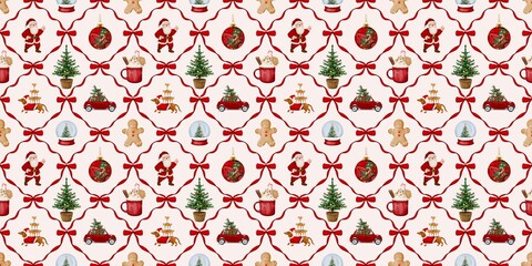 Christmas seamless pattern decorated with cute ornaments xmas element watercolor hand drawn red bows. Festive background for winter holidays for wrapping paper or fabric event Illustration.