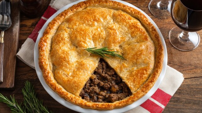 Savory meat pie with golden flaky crust sits ready for serving alongside wine glasses
