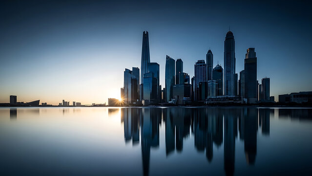 Dramatic silhouette of a modern city skyline reflected perfectly in calm water at sunrise or sunset