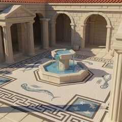Tranquil Classical Courtyard with Fountain and Roman-Inspired Mosaic Floor