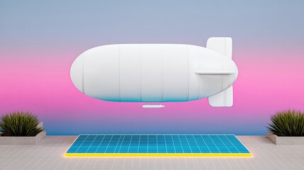 A white airship floats above a blue and yellow grid, with a gradient pink and blue background. Two potted plants are placed on the sides.