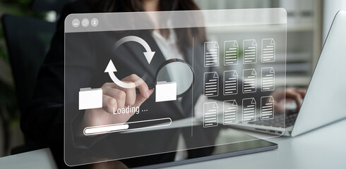 File synchronization or loading interface with progress bar, folders, and documents, symbolizing data backup, transfer, and system update Parse