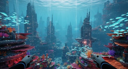 Underwater Sci-Fi Metropolis Exploration: First-Person View of a City Amidst Coral Reefs and Schools of Fish