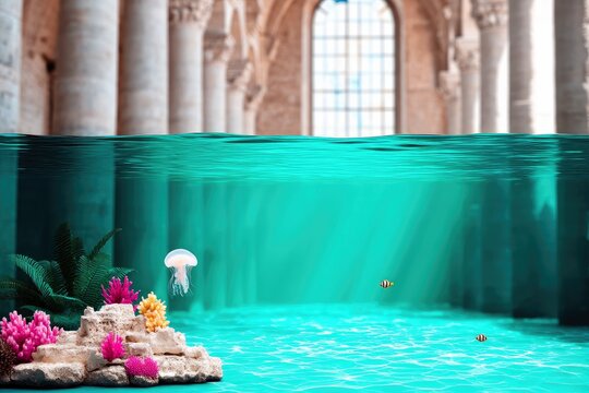 An artistic underwater scene features a jellyfish, coral, and fish, set against the backdrop of ancient architecture.