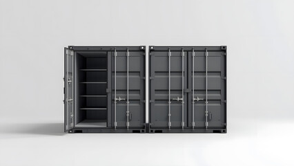 A pair of identical, dark gray shipping containers
