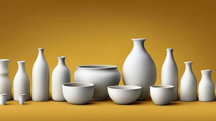 Various white ceramic pottery pieces, including vases and bowls, are arranged on a yellow background, creating a minimalist and artistic display.
